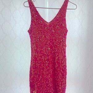 Pink sequin v neck sleeveless mini dress. Brand: Bikbok